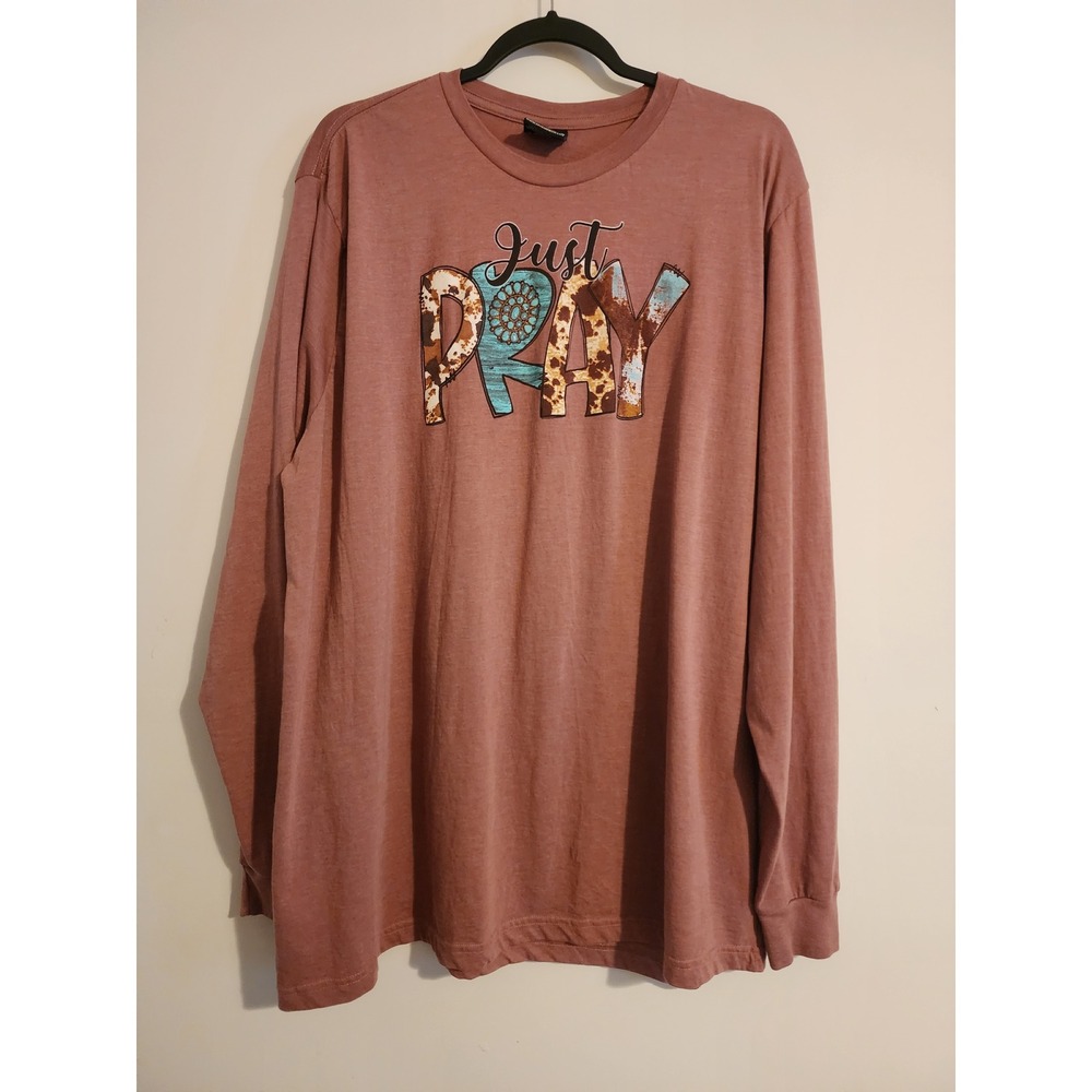 Love in Faith Just Pray Graphic Long Sleeve Tee Mauve Pink Cow Print 3XL